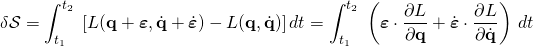 \displaystyle \delta {\mathcal {S}}=\int _{t_{1}}^{t_{2}}\;\left[L(\mathbf {q} +{\boldsymbol {\varepsilon }},{\dot {\mathbf {q} }}+{\dot {\boldsymbol {\varepsilon }}})-L(\mathbf {q} ,{\dot {\mathbf {q} }})\right]dt=\int _{t_{1}}^{t_{2}}\;\left({\boldsymbol {\varepsilon }}\cdot {\frac {\partial L}{\partial \mathbf {q} }}+{\dot {\boldsymbol {\varepsilon }}}\cdot {\frac {\partial L}{\partial {\dot {\mathbf {q} }}}}\right)\,dt
