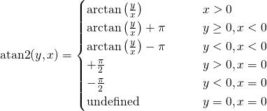 \displaystyle \operatorname {atan2} (y,x)={\begin{cases}\arctan \left({\frac {y}{x}}\right)&\qquad x>0\\\arctan \left({\frac {y}{x}}\right)+\pi &\qquad y\geq 0,x<0\\\arctan \left({\frac {y}{x}}\right)-\pi &\qquad y<0,x<0\\+{\frac {\pi }{2}}&\qquad y>0,x=0\\-{\frac {\pi }{2}}&\qquad y<0,x=0\\{\text{undefined}}&\qquad y=0,x=0\end{cases}}