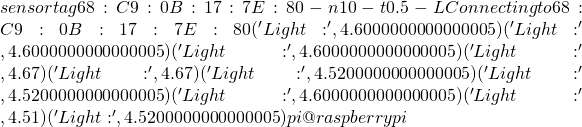 sensortag 68:C9:0B:17:7E:80 -n 10 -t 0.5 -L Connecting to 68:C9:0B:17:7E:80 ('Light: ', 4.6000000000000005) ('Light: ', 4.6000000000000005) ('Light: ', 4.6000000000000005) ('Light: ', 4.67) ('Light: ', 4.67) ('Light: ', 4.5200000000000005) ('Light: ', 4.5200000000000005) ('Light: ', 4.6000000000000005) ('Light: ', 4.51) ('Light: ', 4.5200000000000005) pi@raspberrypi ~