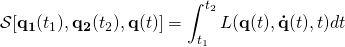 \displaystyle {\mathcal {S}}[\mathbf {q_{1}} (t_{1}),\mathbf {q_{2}} (t_{2}),\mathbf {q} (t)]=\int _{t_{1}}^{t_{2}}L(\mathbf {q} (t),\mathbf {\dot {q}} (t),t)dt