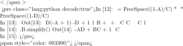 </span>  故可驗證薄透鏡之等效式為︰ <pre class="lang:python decode:true">In [12]: 等效薄透鏡 = FreeSpace((1-A)/C) * 光學系統 * FreeSpace((1-D)/C)  In [13]: 等效薄透鏡 Out[13]:  ⎡       D⋅(-A + 1)   -D + 1⎤ ⎢1  B + ────────── + ──────⎥ ⎢           C          C   ⎥ ⎢                          ⎥ ⎣C             1           ⎦  In [14]: 等效薄透鏡.B.simplify() Out[14]:  -A⋅D + B⋅C + 1 ──────────────       C         In [15]:  </pre>    <span style="color: #003300;"> 若此光學系統處於同一介質中，則</span>