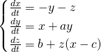 \displaystyle {\begin{cases}{\frac {dx}{dt}}=-y-z\\{\frac {dy}{dt}}=x+ay\\{\frac {dz}{dt}}=b+z(x-c)\end{cases}}